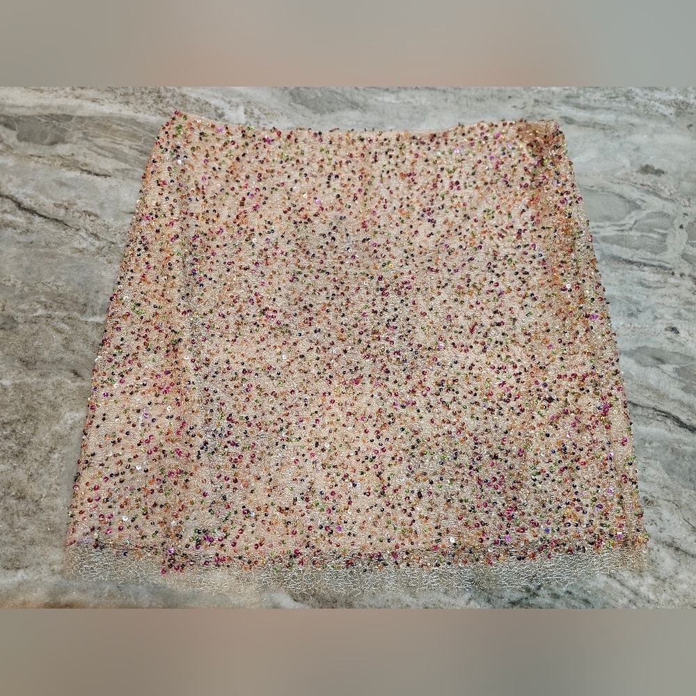 Romeo & Juliet Couture Sequin Mesh Skirt Nude Multicolor Confetti Women’s M Line